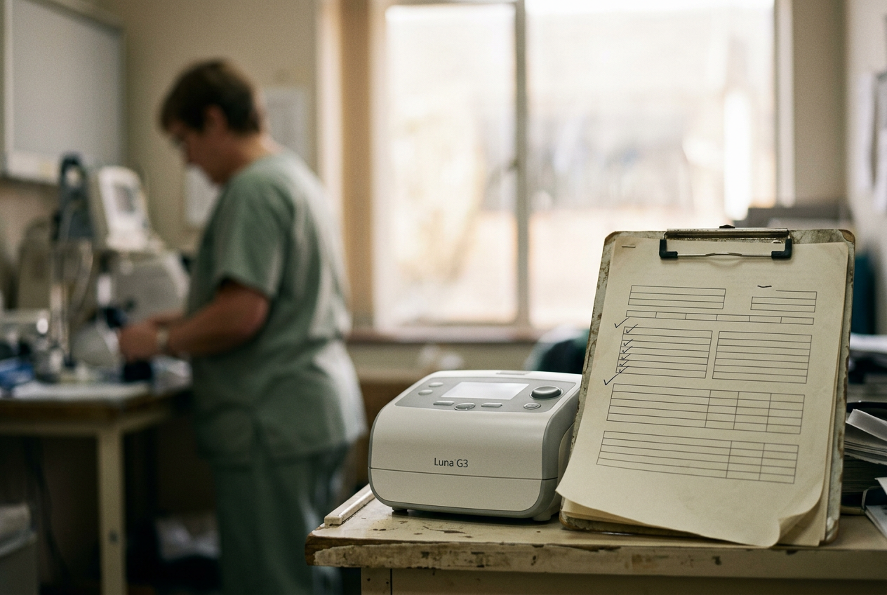 A Luna G3 positive airway pressure device beside a laptop displaying a firmware verification checklist.