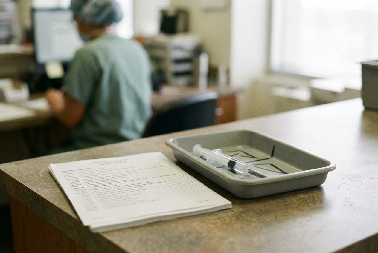 A prefilled opioid syringe isolated in a pharmacy quarantine tray beside a medication recall notice.