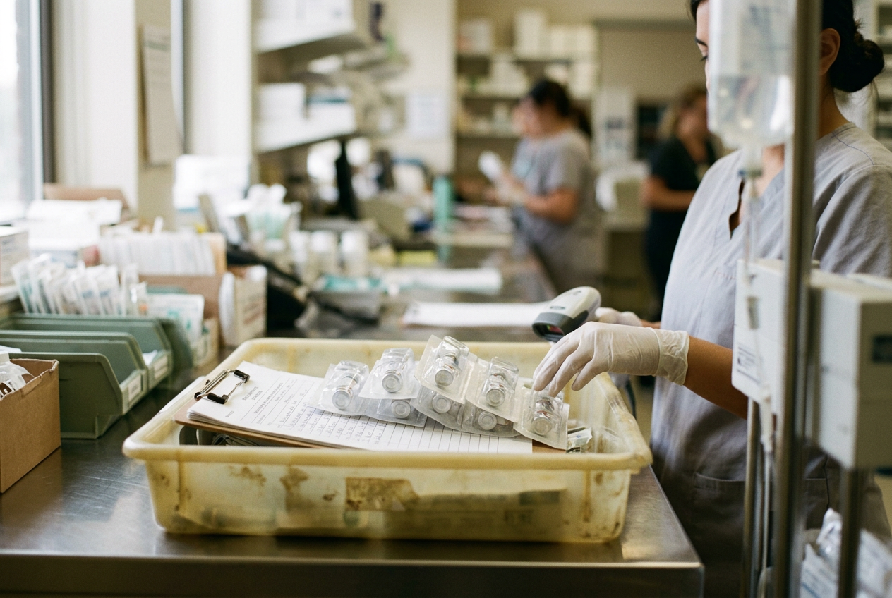 A pharmacist’s gloved hands checking lot numbers on secured opioid injection packages in a hospital pharmacy.