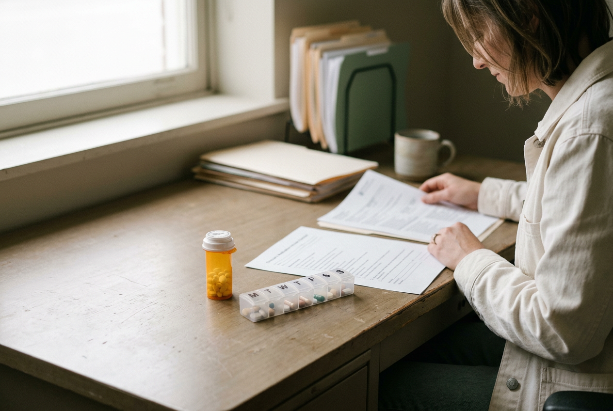 A statin bottle beside a medication list marked for review during an older adult’s preventive care visit.