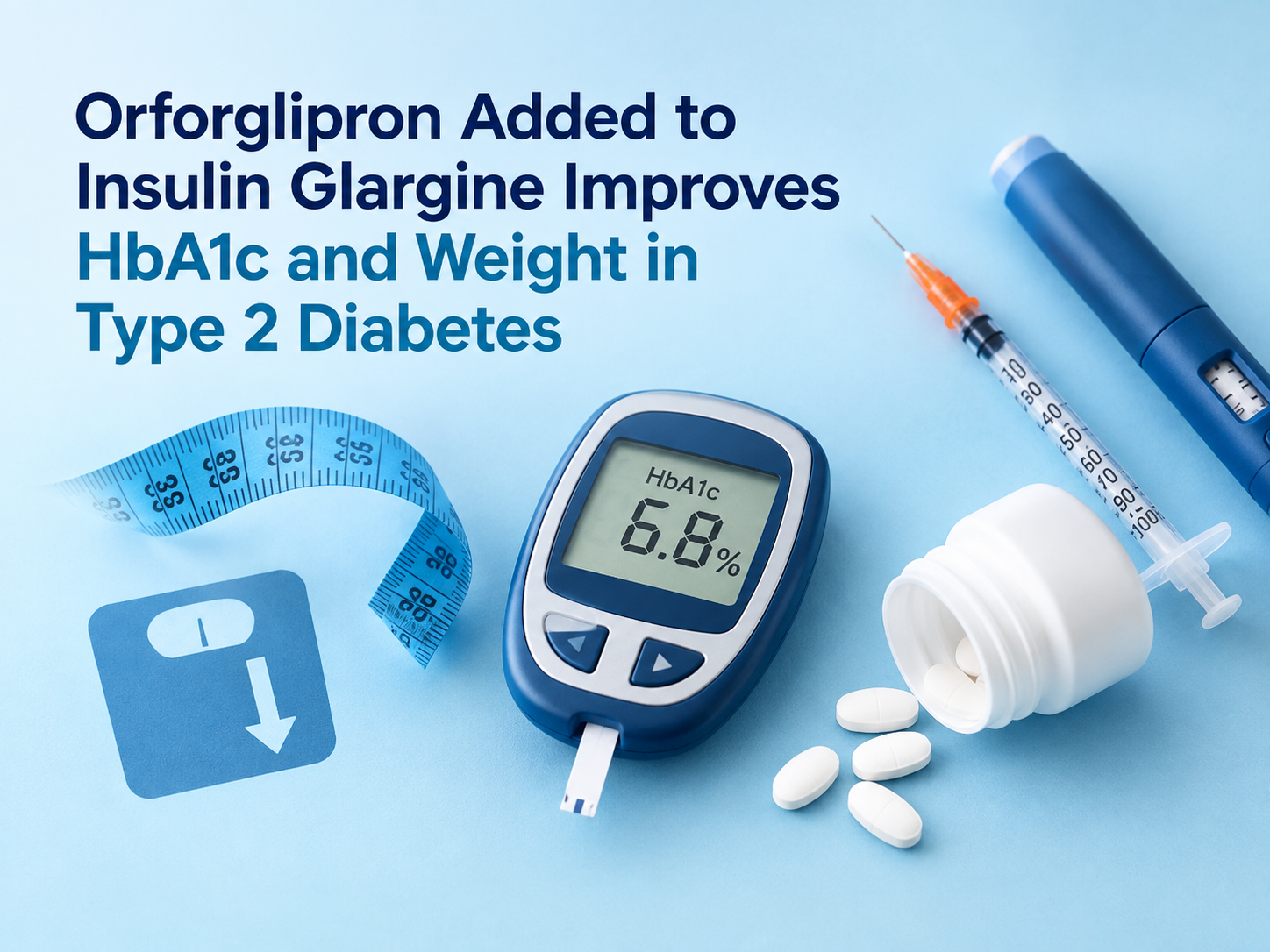 Insulin pen and oral medication beside a glucose meter on a clinical work surface