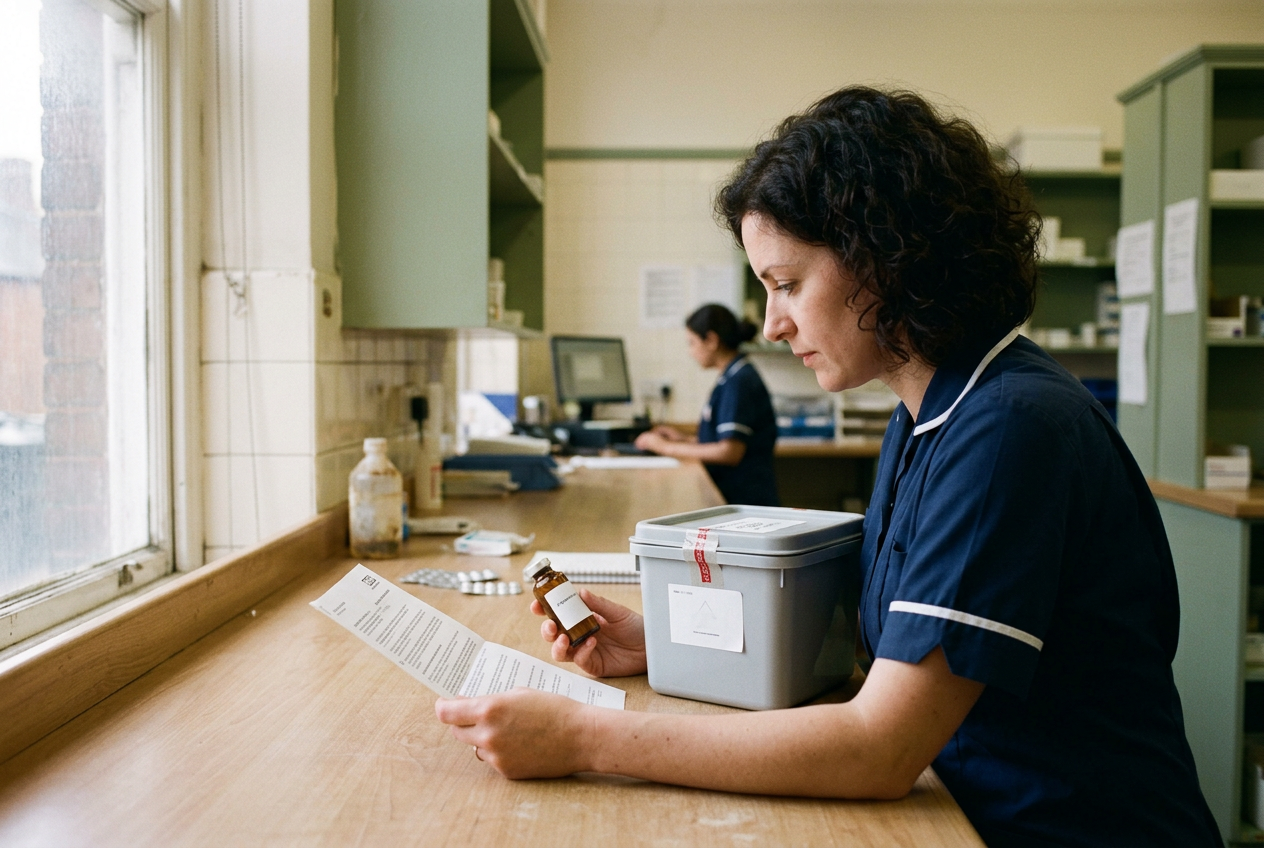 A pharmacist checks the lot number on a papaverine injection vial beside a quarantine bin.