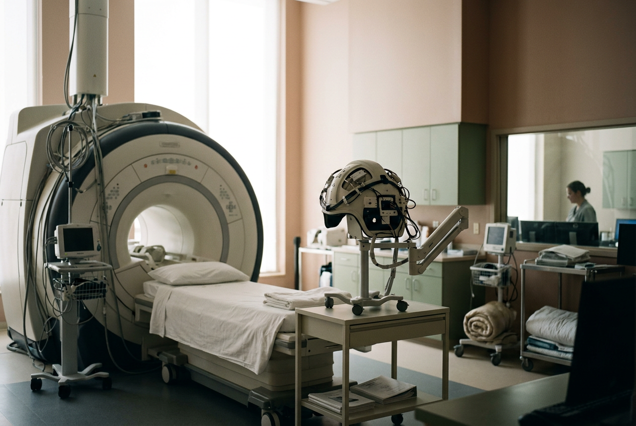 MRI-guided focused ultrasound equipment prepared for a Parkinson’s disease brain procedure