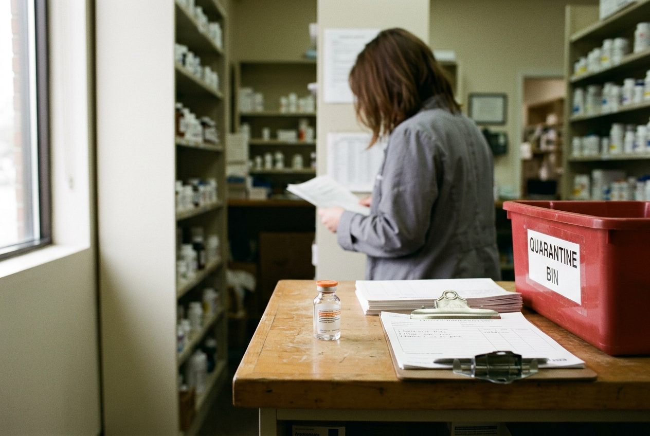 A pharmacist checks a tocilizumab vial and lot record beside quarantined medication packaging.