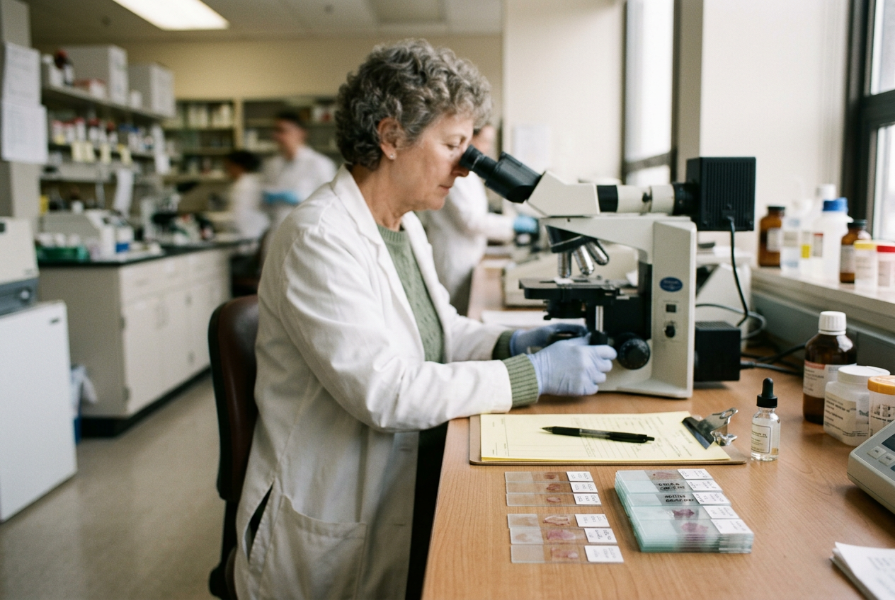 Breast tumor tissue slides beside a pathology request for PD-L1 combined positive score testing.