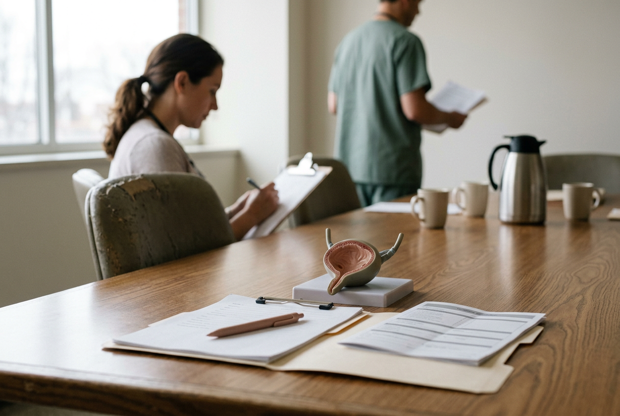 Bladder cancer treatment planning materials beside a model of the urinary bladder in an oncology conference room.