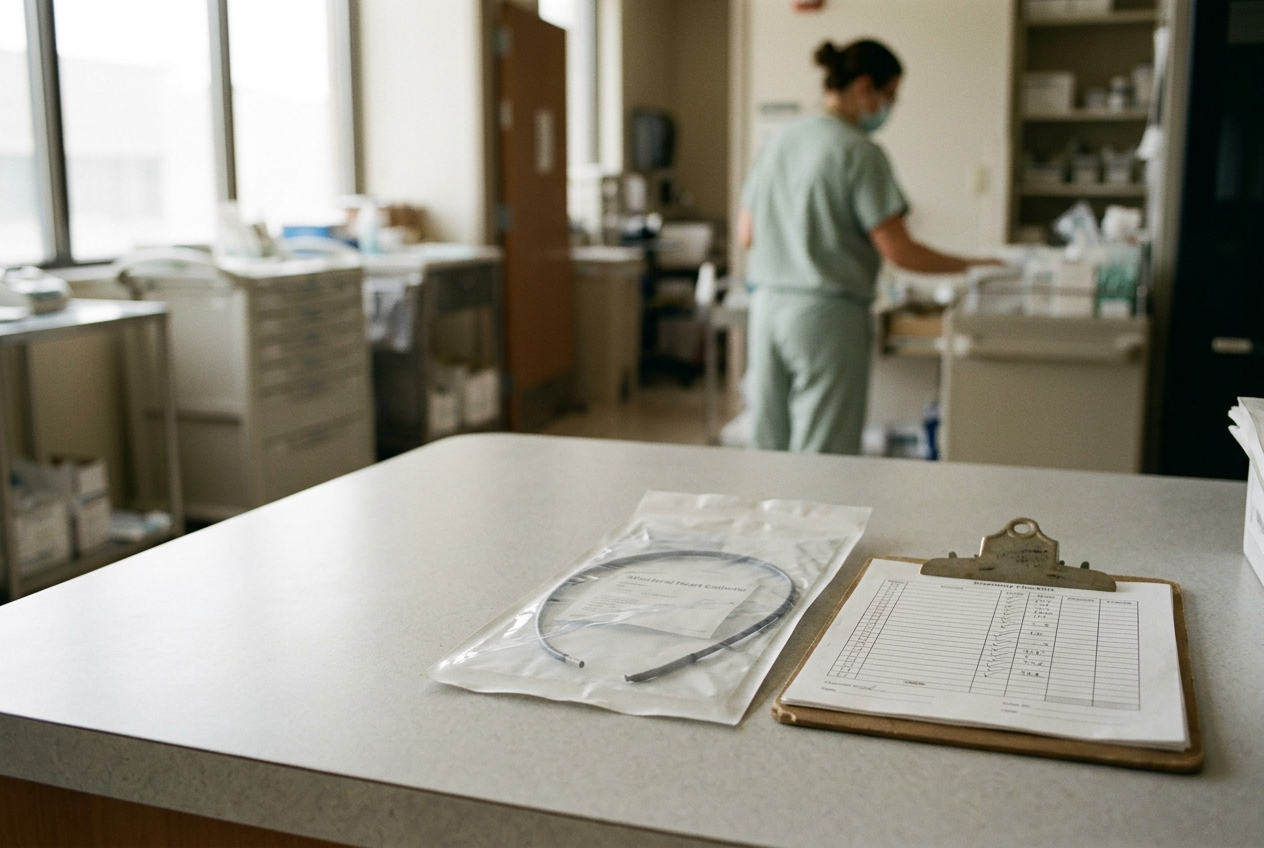 A packaged structural heart catheter beside an inventory checklist in a catheterization laboratory.