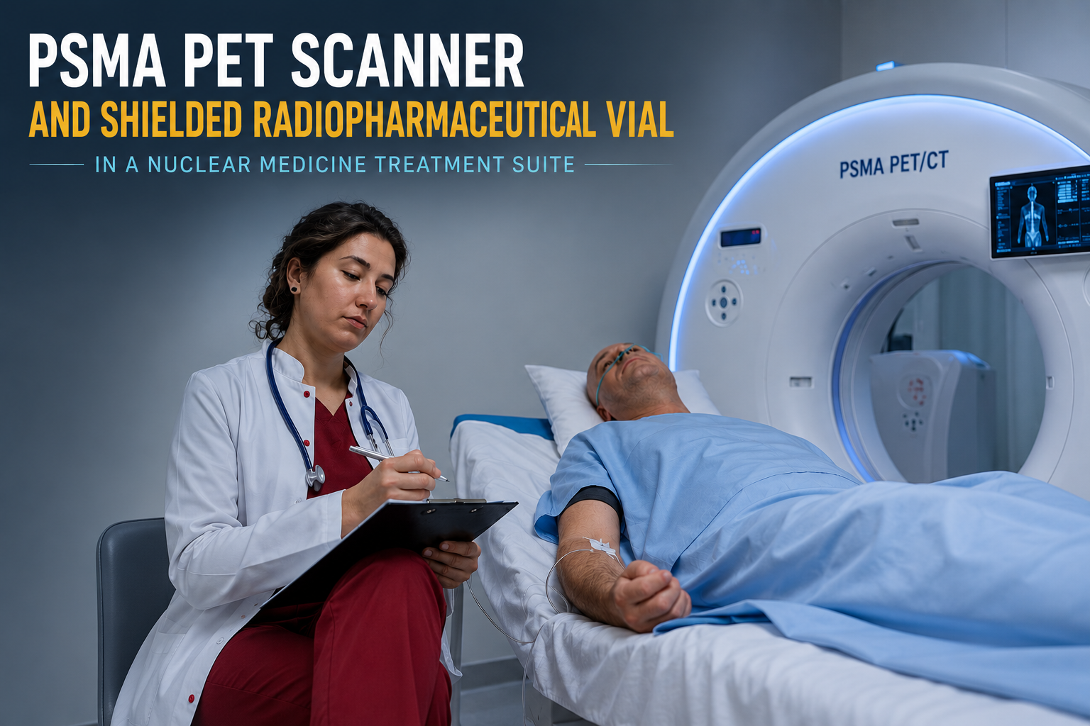 PSMA PET scanner and shielded radiopharmaceutical vial in a nuclear medicine treatment suite