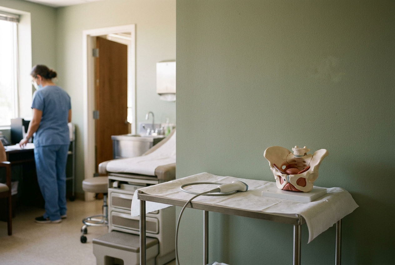 Transvaginal ultrasound probe beside a pelvic anatomy model in a gynecology examination room.