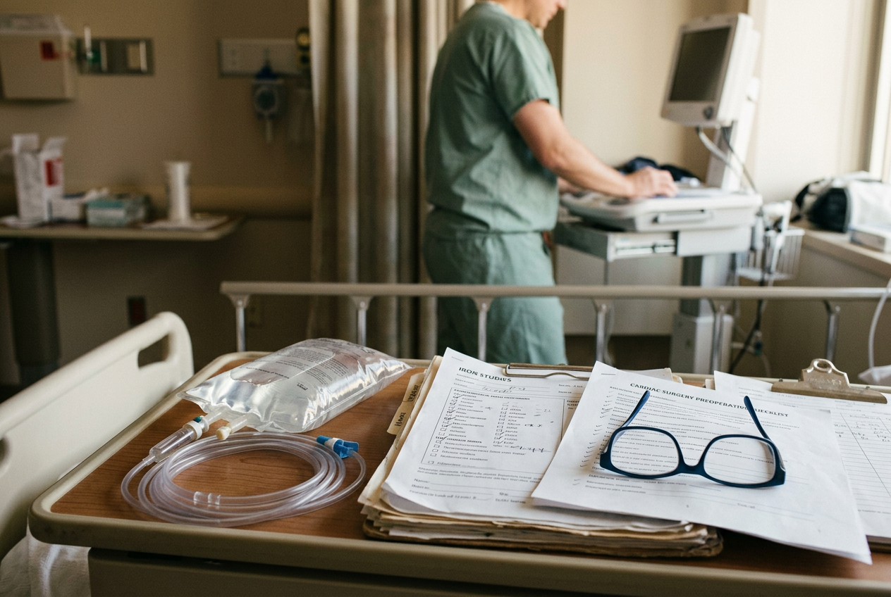 Intravenous iron bag beside a cardiac surgery preoperative checklist in a hospital preparation area.