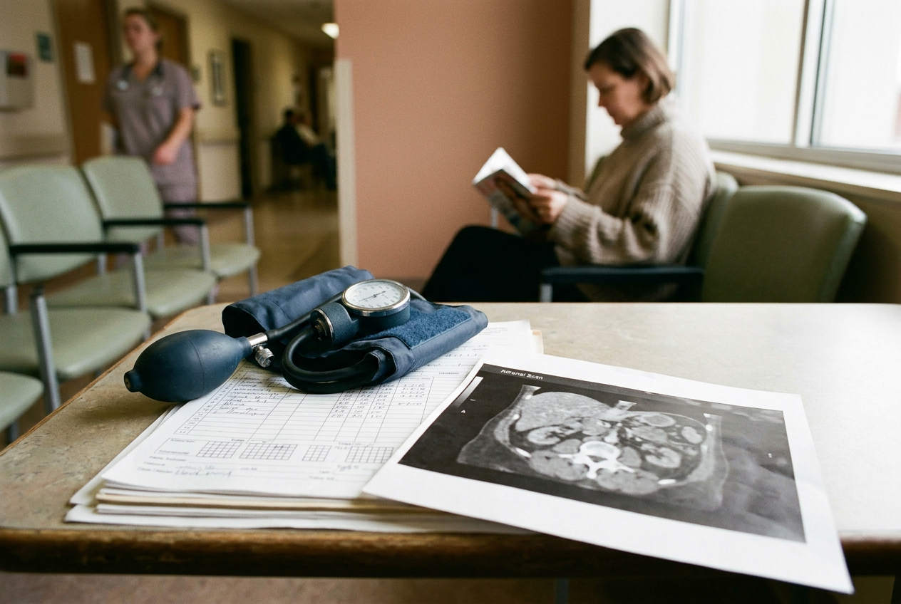 Blood pressure cuff beside adrenal imaging and laboratory request forms on a clinician’s desk.