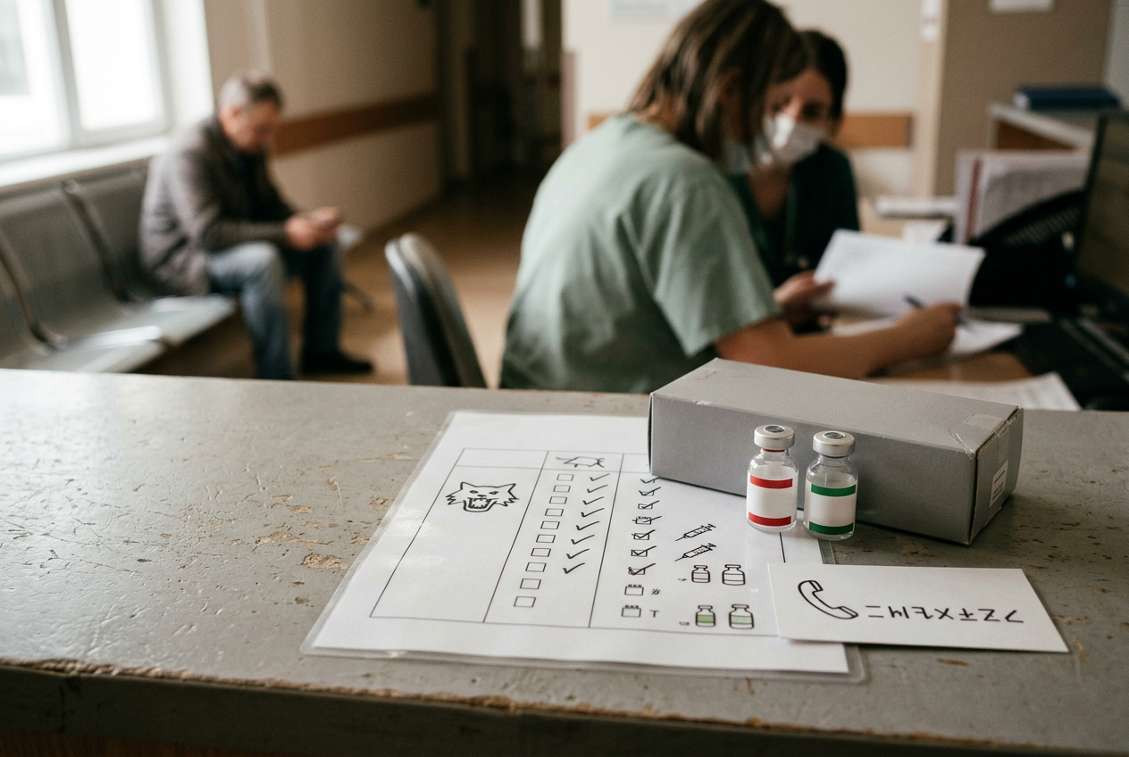 Clinician reviewing a rabies exposure checklist beside vaccine supplies and an animal-control contact card.