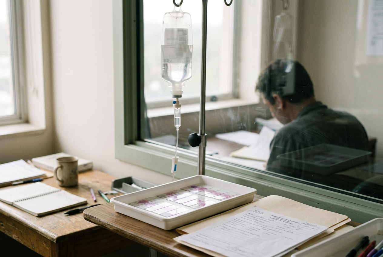 Breast cancer pathology slides beside a treatment-planning notebook in an oncology workspace.
