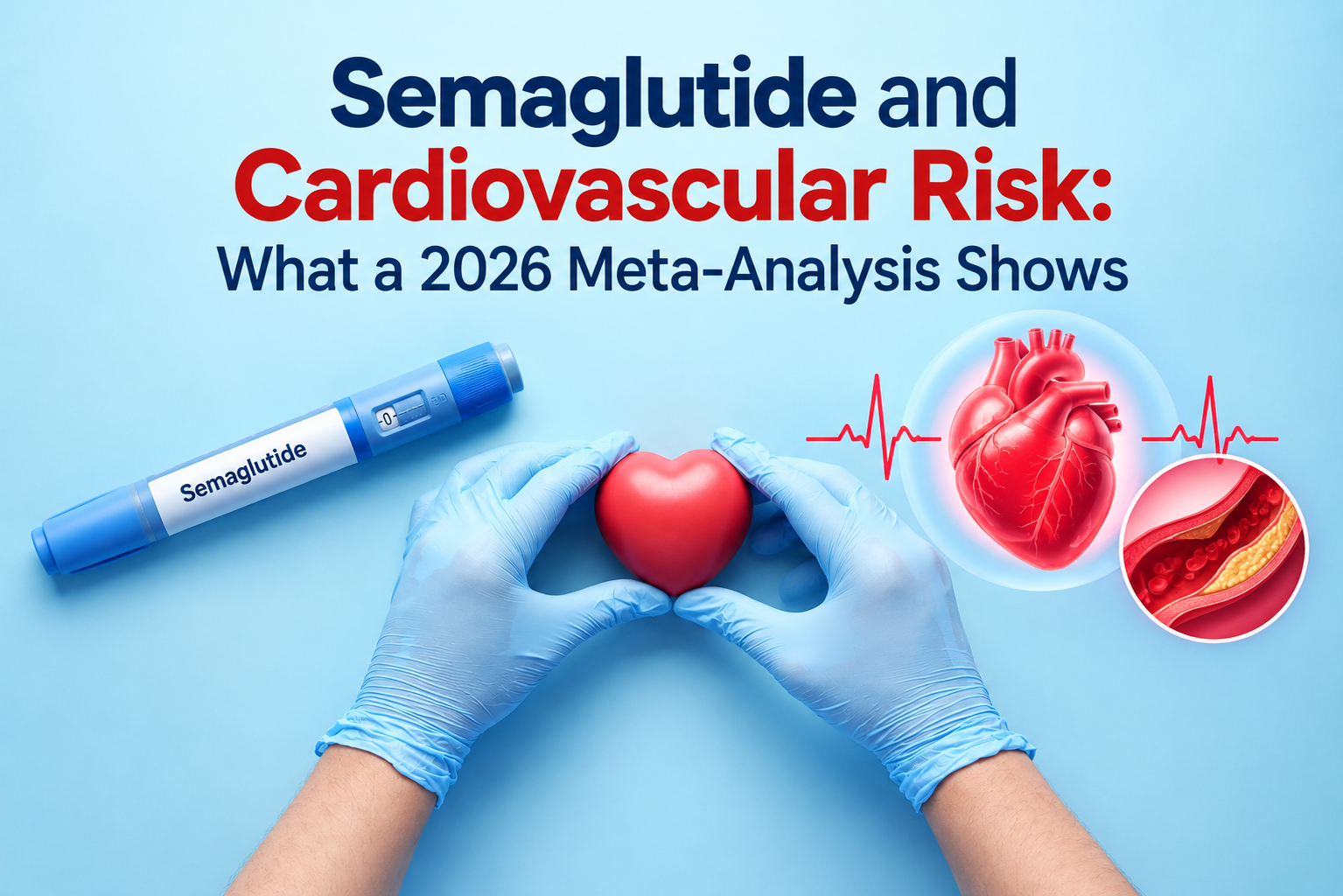 Semaglutide injection pen beside a heart model and cardiovascular clinical literature