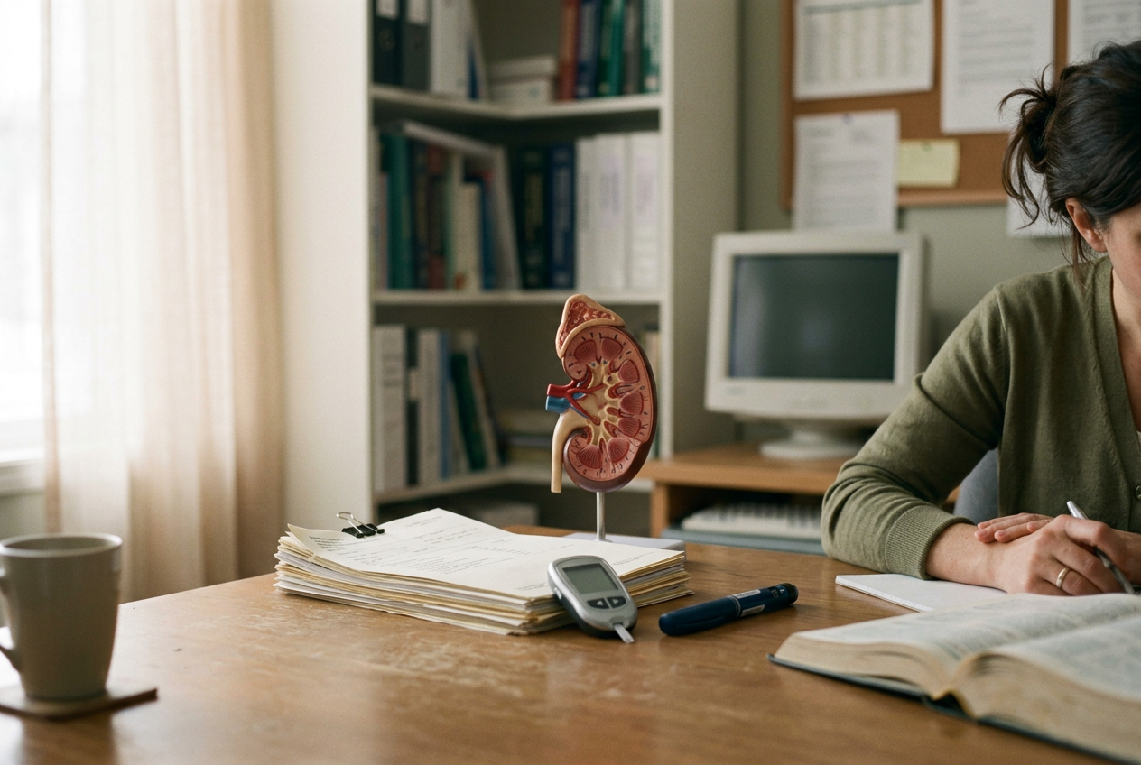 Kidney model beside a glucose meter and semaglutide injection pen on a clinical desk