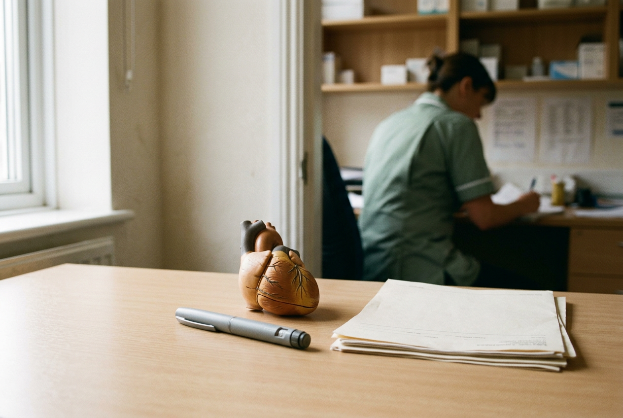 A medication injection pen beside a heart model and clinical notes on a neutral desk.