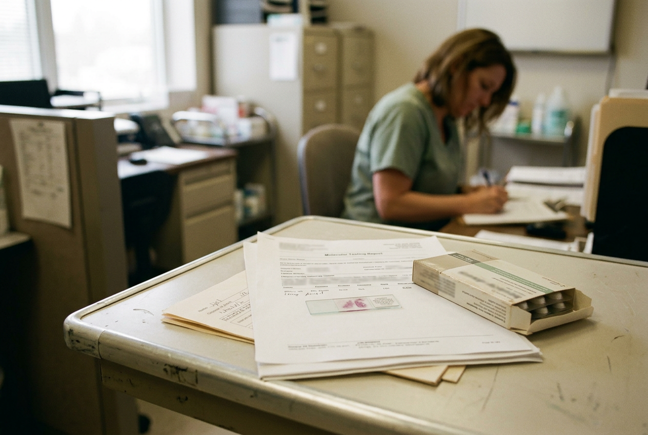 Lung cancer pathology slide beside a molecular test report and sealed medication package.