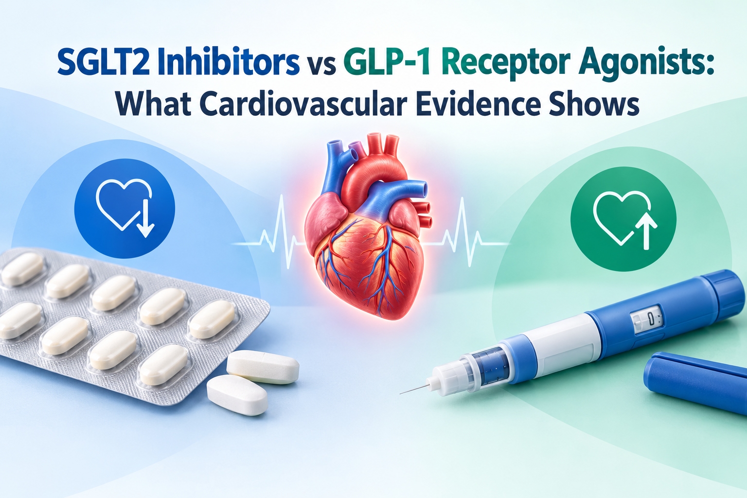 Medication packages beside a heart model, with two treatment pathways represented by colored cards.