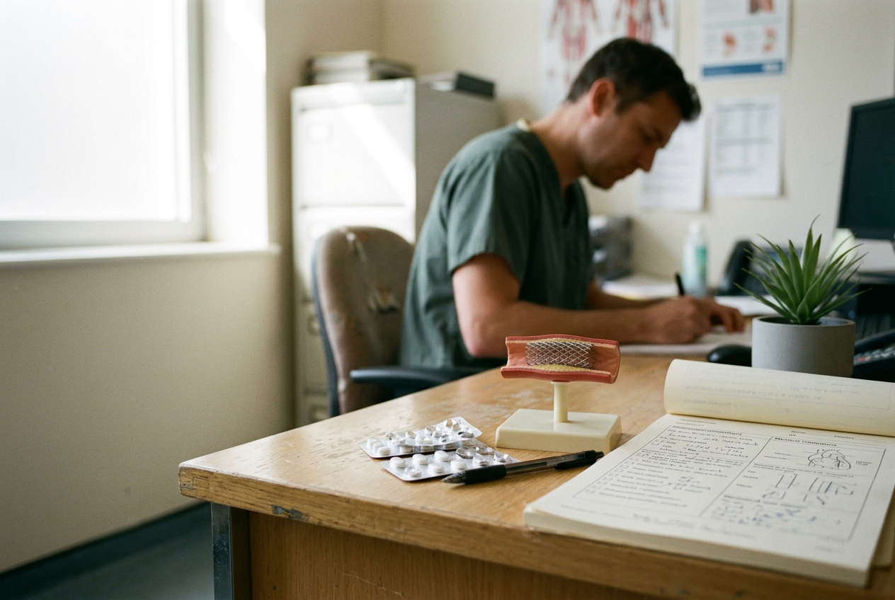 Coronary stent model beside aspirin and antiplatelet tablets on a clinical work surface.