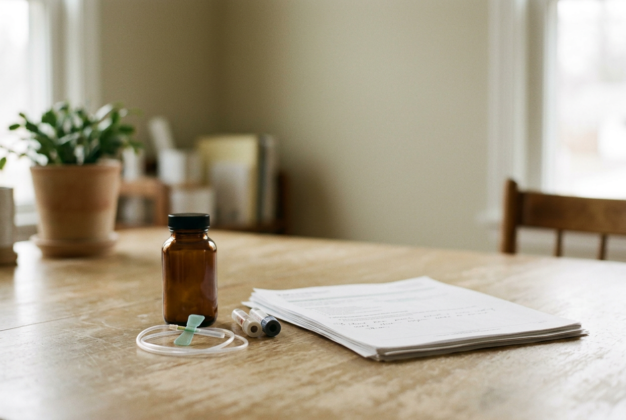 Hydroxyurea bottle beside pediatric laboratory supplies and a sickle cell care pathway document