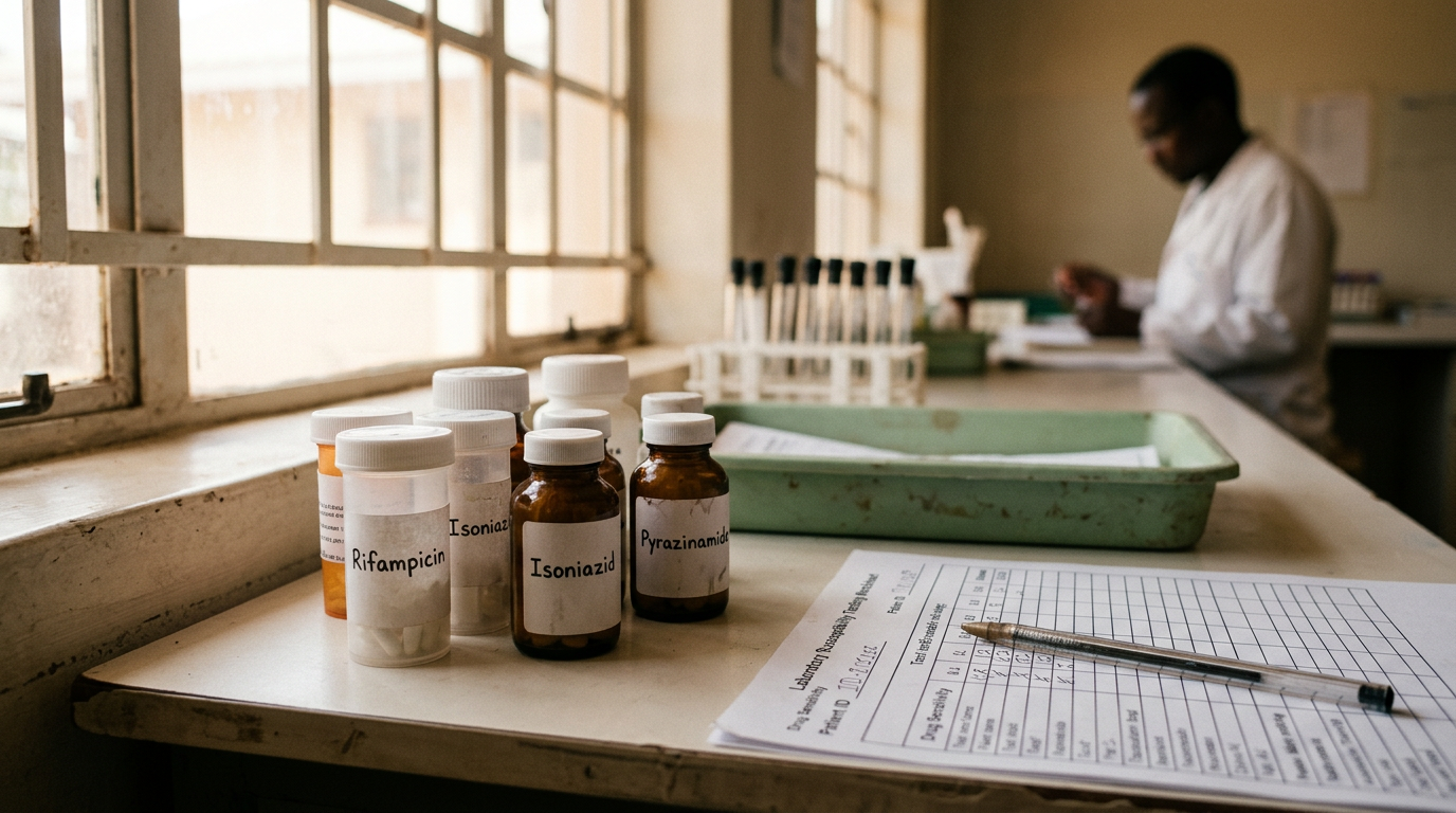Tuberculosis medicines arranged beside laboratory susceptibility-testing materials in a clinical workspace.