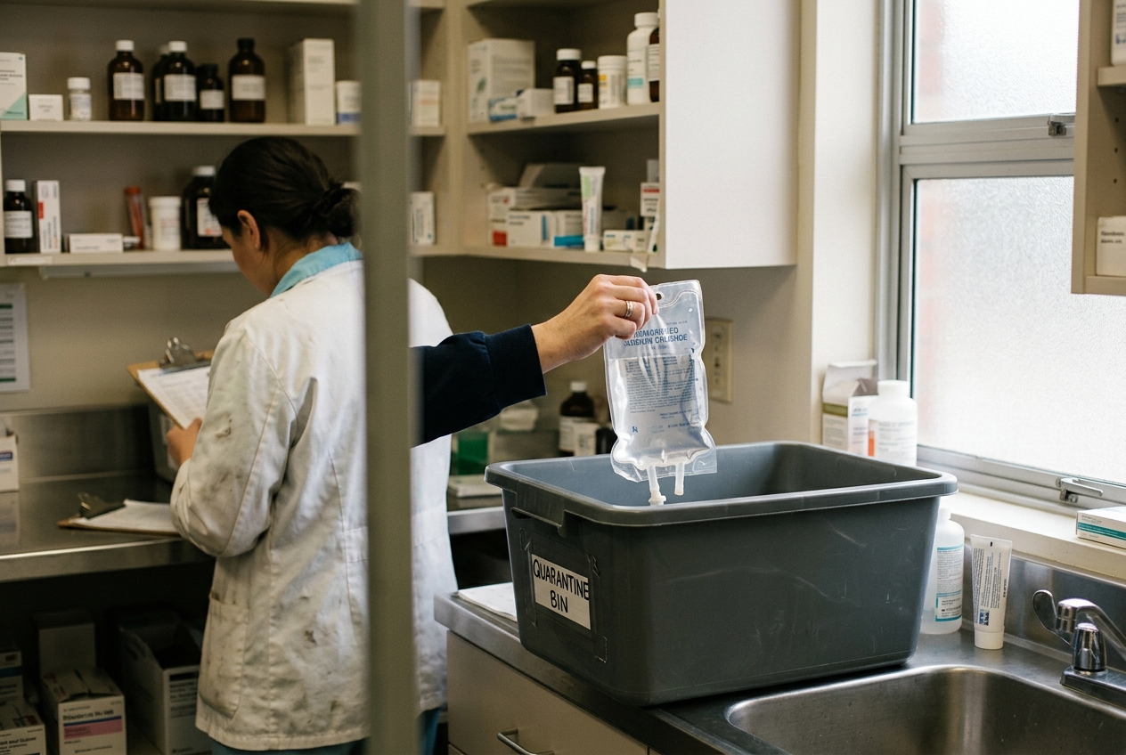 A pharmacy worker’s gloved hands separating an IV saline bag into a clearly marked quarantine bin.