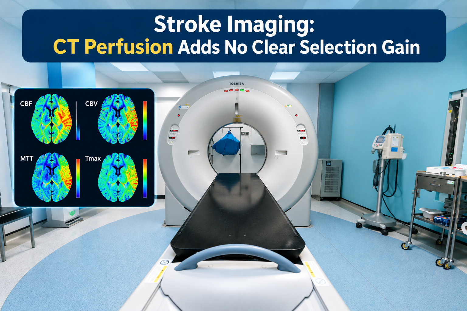 Stroke CT images displayed beside a hospital transfer checklist and clock
