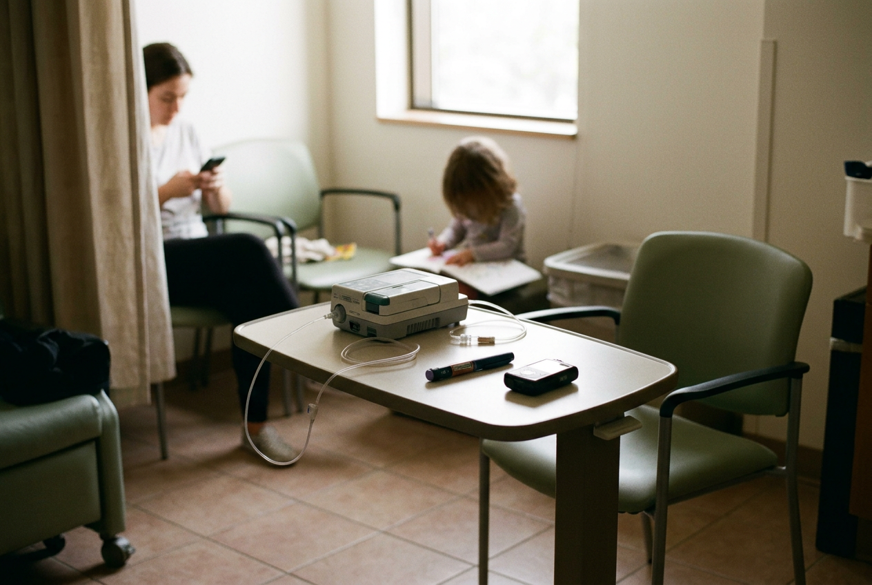 Insulin supplies and an infusion line arranged in a pediatric endocrinology treatment room.