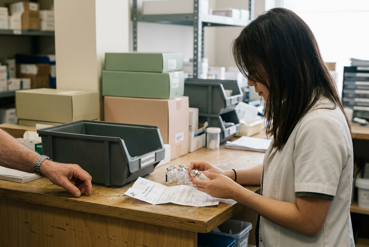 Pharmacist checking injectable vial lot numbers beside a quarantined medication bin
