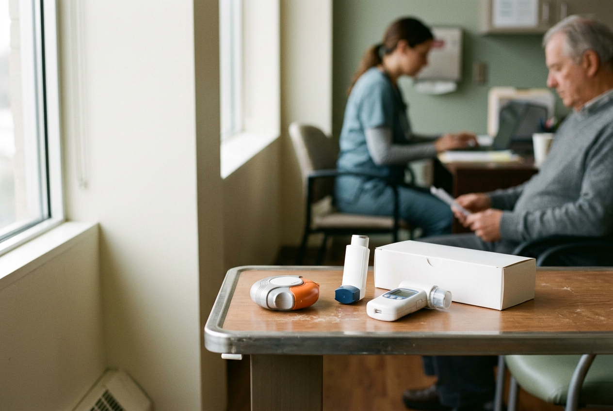 A respiratory clinician reviews COPD treatment options beside inhalers and a biologic injection package.