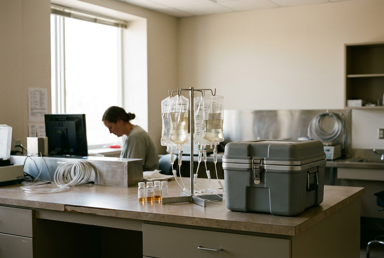 Labeled cellular therapy bags and a cryogenic transport container in a hospital transplant laboratory.