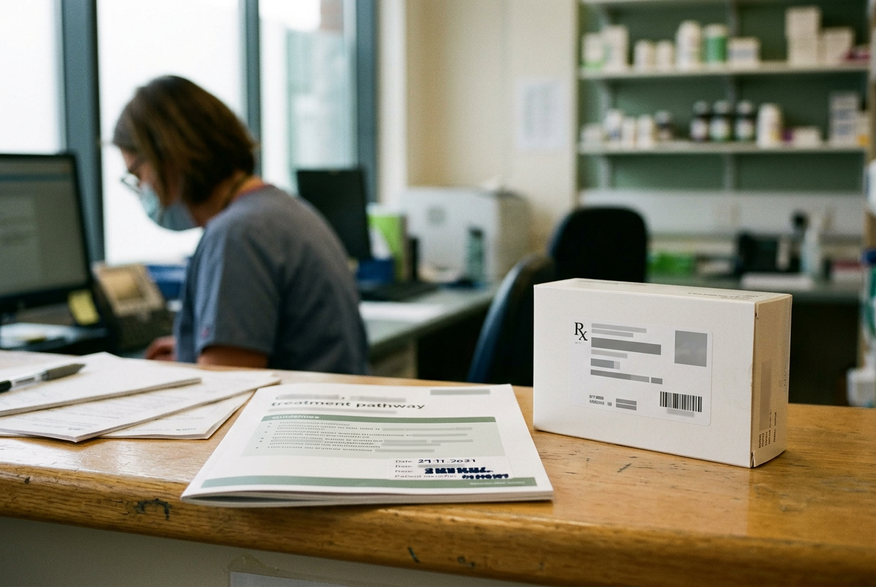 Tucatinib medication packaging beside a breast cancer treatment pathway document in an oncology pharmacy.