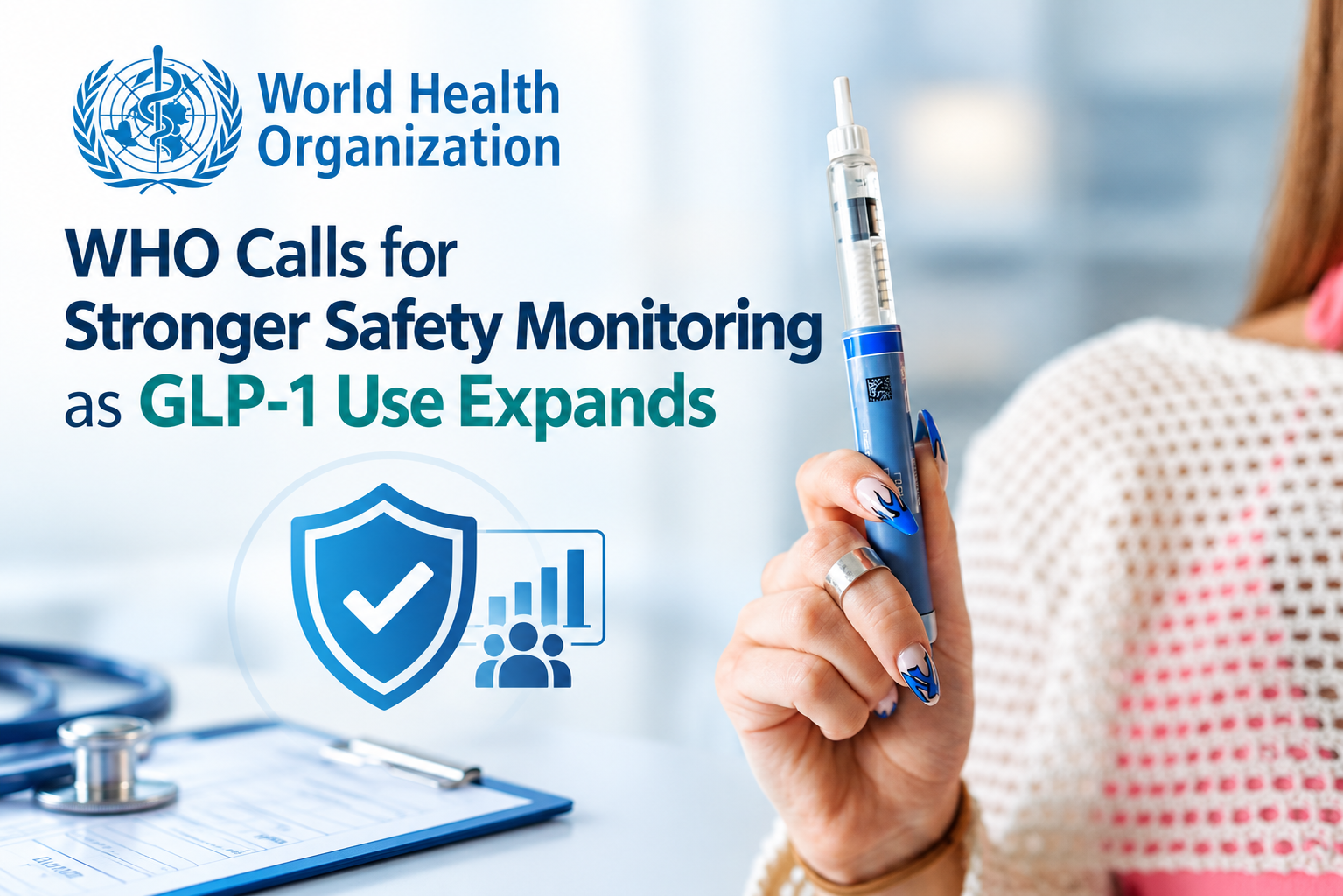 A clinician reviews a GLP-1 medication package beside a safety reporting form and patient chart.