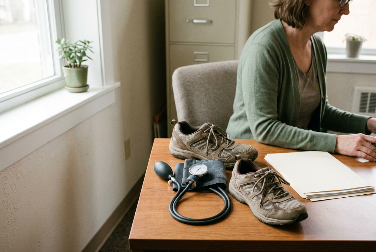 Primary care desk with a blood pressure cuff, walking shoes and cognitive assessment materials