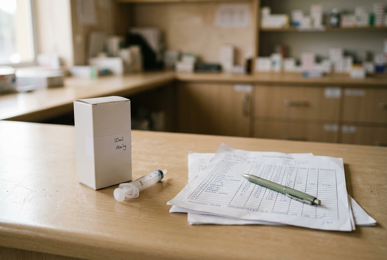 Unbranded pediatric medicine packaging and an oral dosing syringe arranged on a pharmacy work surface.