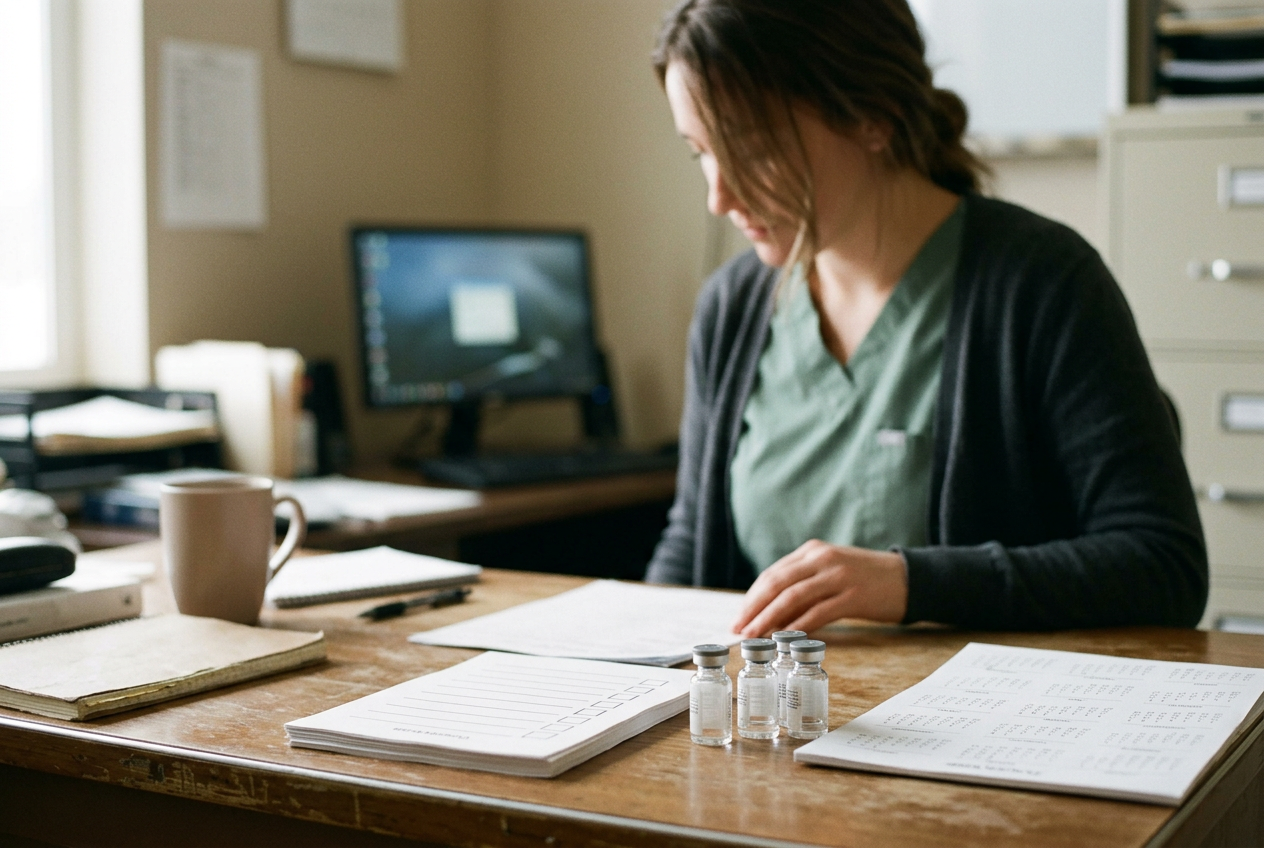 COVID-19 vaccine vials beside a calendar and a clinical risk-prioritization checklist.